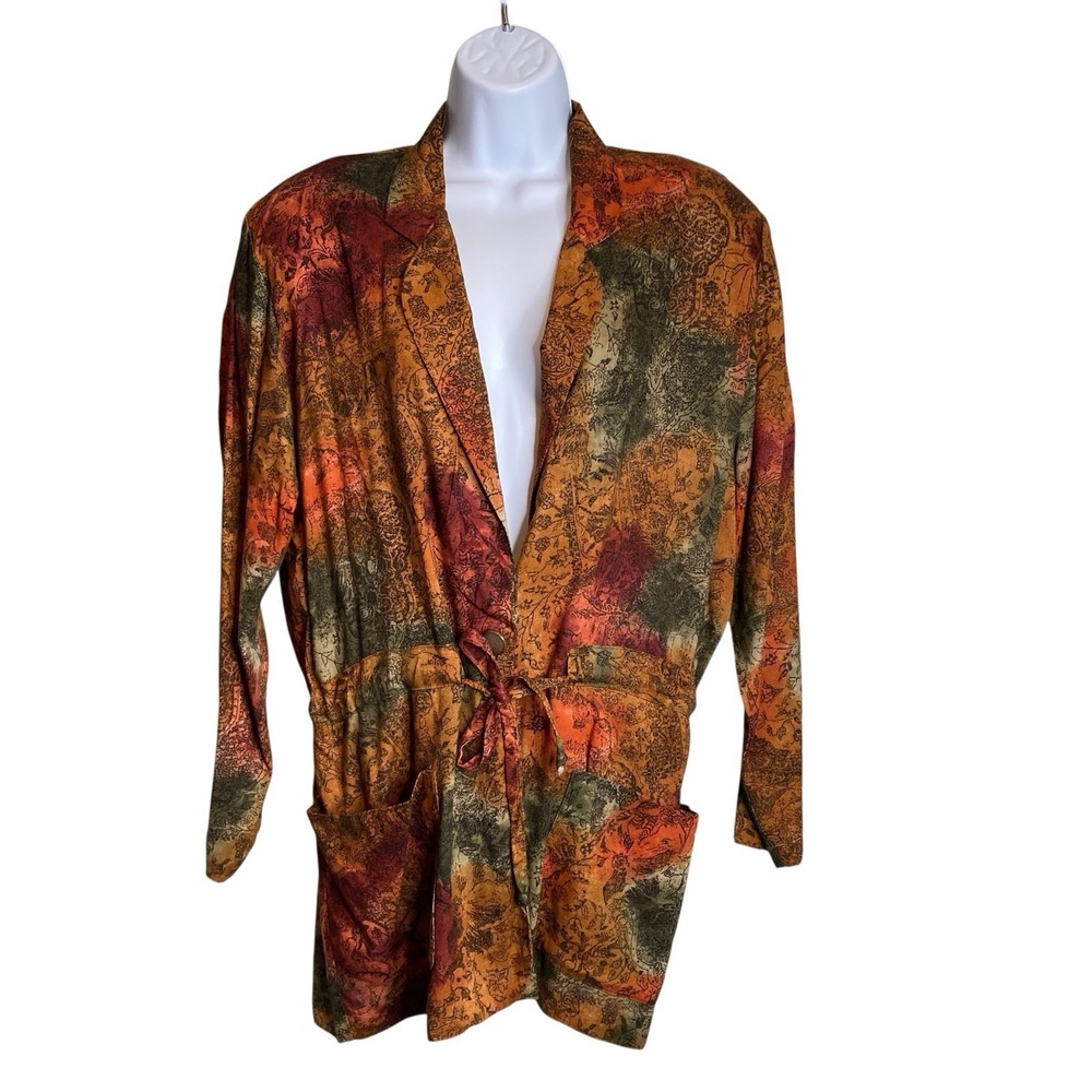 VTG 80s M.J. Carroll Brown Abstract Tie Waist Jacket Sz 13/14‎ Power Dressing